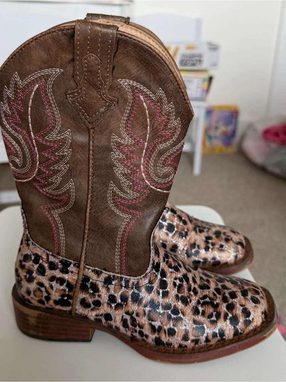 Roper Pink & Brown Leopard Print Kids Cowgirl Boots with Pink Stitching